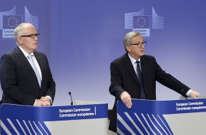 Frans Timmermans, Jean-Claude Juncker and Kristalina Georgieva (from left to right)