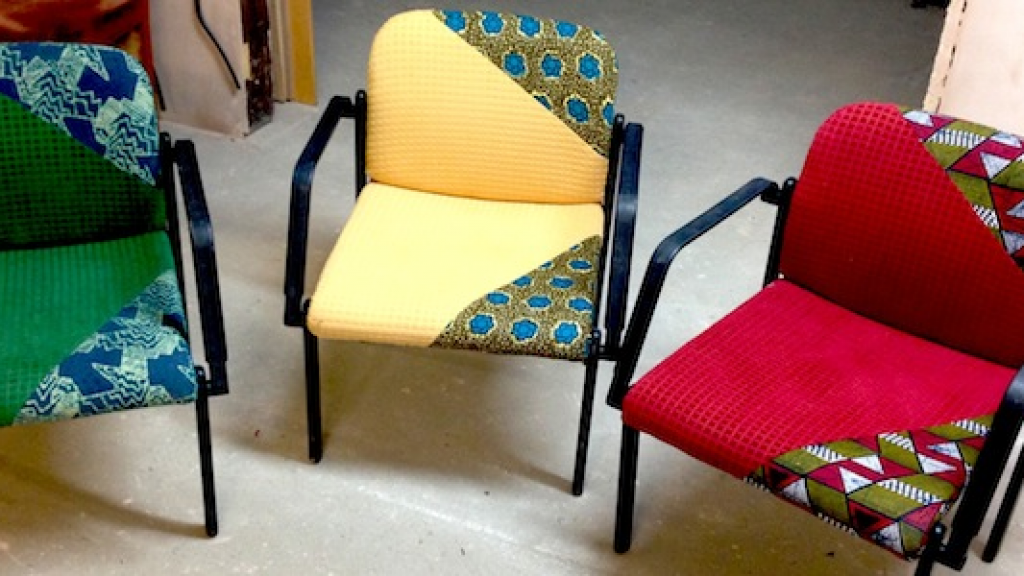 Some repaired and re-upholstered office chairs from The Remakery